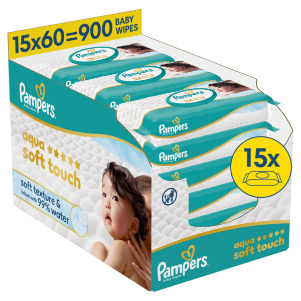 Pampers Wipes Aqua Soft Touch, 15 packs, 900 wipes